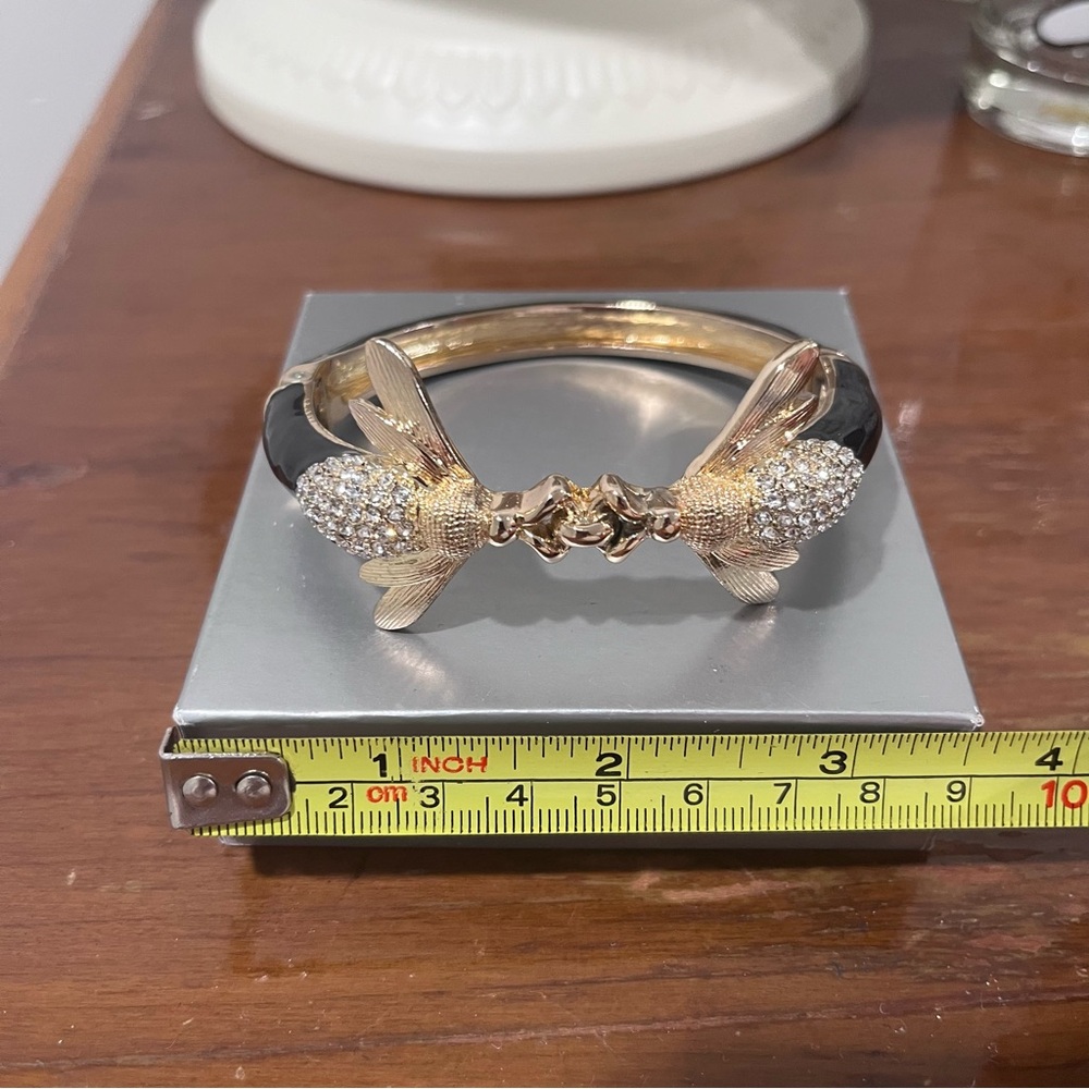 Rhinestone Bumblebee Black Enamel Gold Inlay Hinged Cuff Bracelet Vintage